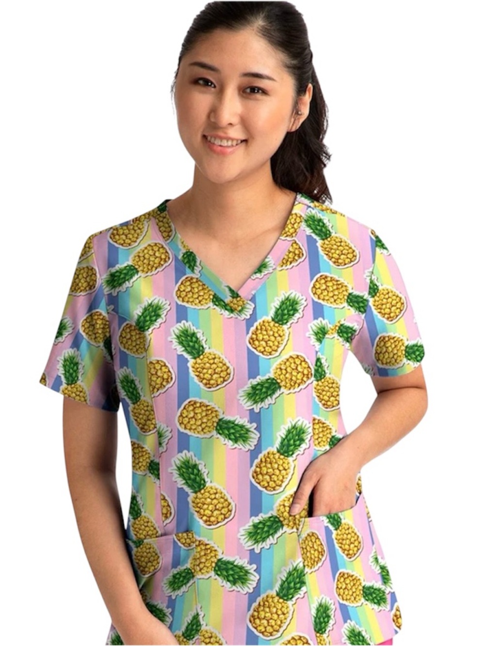 Maevn Women's Sz L Mad About Pineapples Pastel V-Neck Stretch Pockets Scrub Top